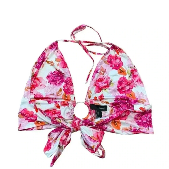 S Betro, Floral Rose Print Halter Bikini Top, Medium, Pink & White - Picture 7 of 8